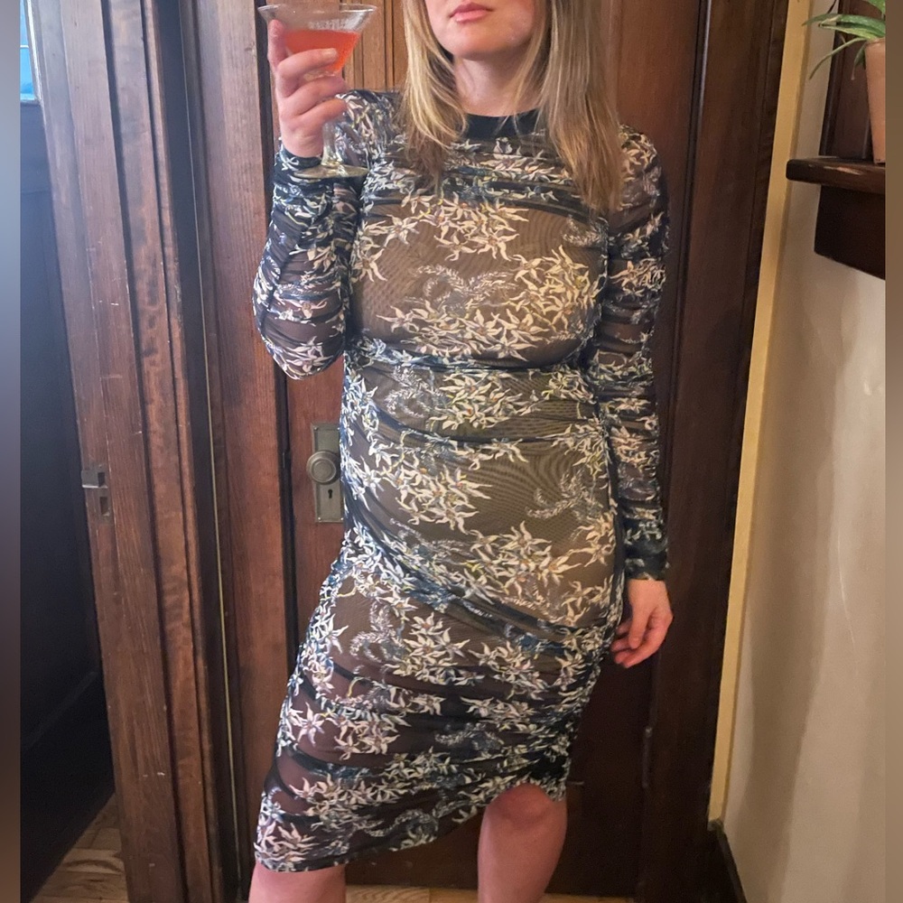 Cinq a Sept🥰 Sheath Dress with Bishop Sleeves double layer mesh blue and black